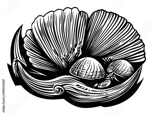 Detailed Engraving of Shells Nested in a Stylized Ocean Scene