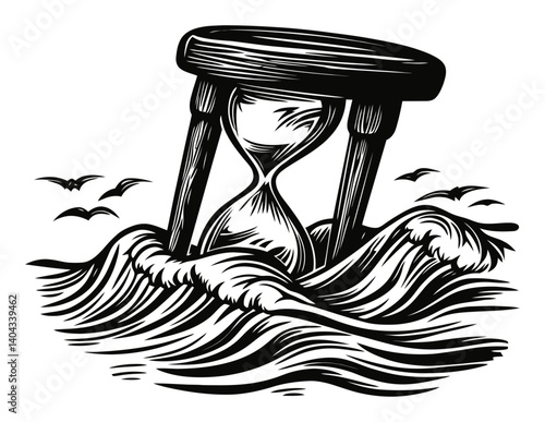 Engraving of Hourglass in Ocean Waves with Birds Flying Above