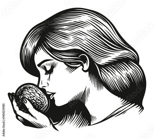 Elegant Woman Engaging with Vintage Engraving Art Style Imagery
