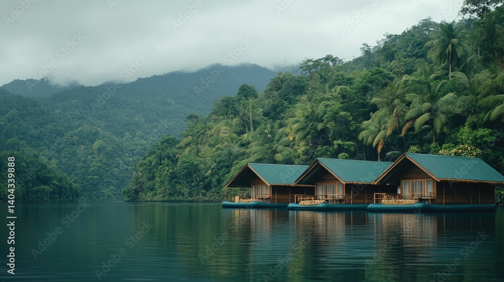 Row of raft cabins floating on serene water with lush mountains behind Row of raft cabins floating on serene water with lush mountains behind
