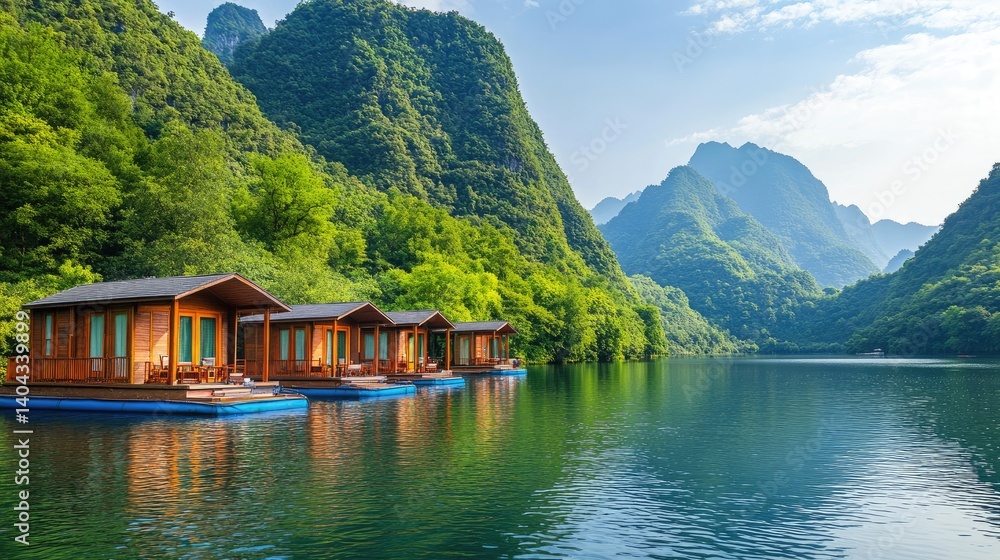Obraz premium Row of raft cabins floating on serene water with lush mountains behind