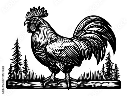 Detailed Black and White Engraving of Rooster in Natural Setting