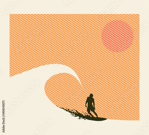 Surfer silhouette illustration on wave. Graphic style art.