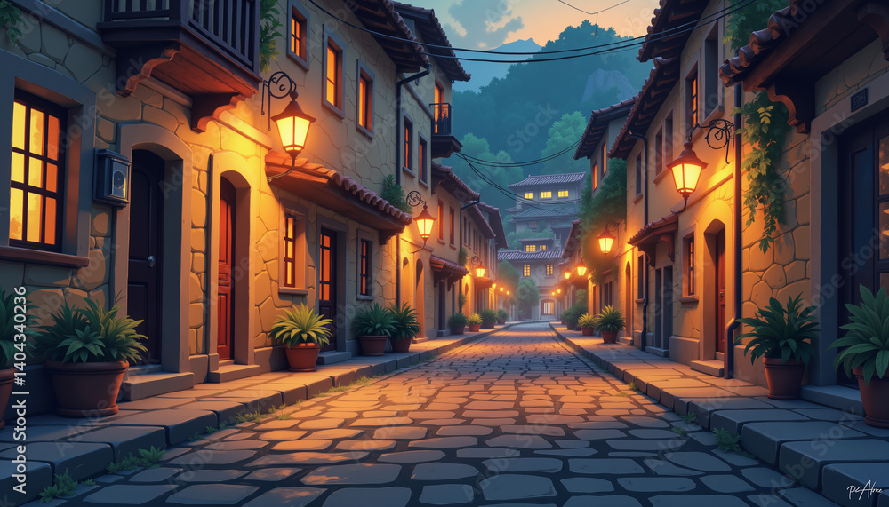 Obraz premium Cozy illuminated street in a quaint village at dusk 