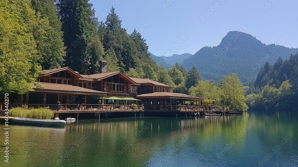 Slide into clear river water beside raft rooms and forest-covered banks Slide into clear river water beside raft rooms and forest-covered banks