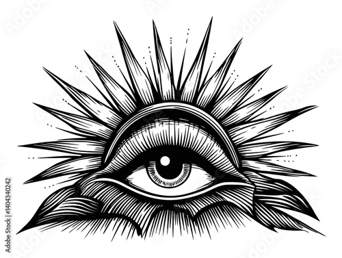 Eye Symbol with Radiant Sunburst Engraving Art for Creative Use