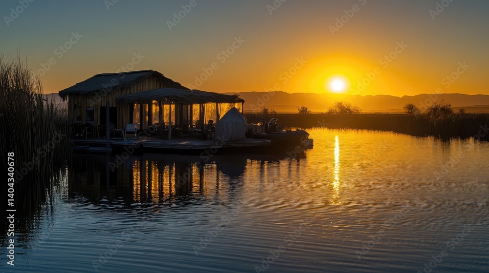 Sunrise over quiet raft resort with golden light reflecting on water surface