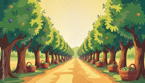 Fruit Trees Lined Along a Path with Harvest Baskets  