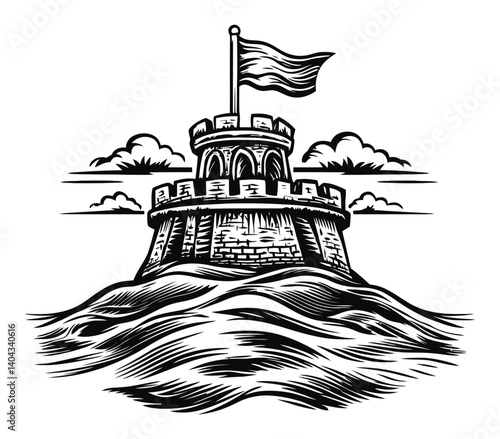 Engraving of a Towering Fortress Surrounded by Waves and Clouds