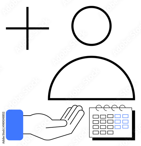 Abstract profile icon with a plus sign, a hand offering support, and a calendar. Ideal for user registration, scheduling, time management, assistance, service platforms, task planning concepts flat