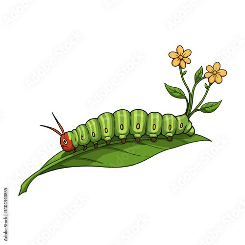 A vibrant caterpillar crawling on a green leaf with yellow flowers.