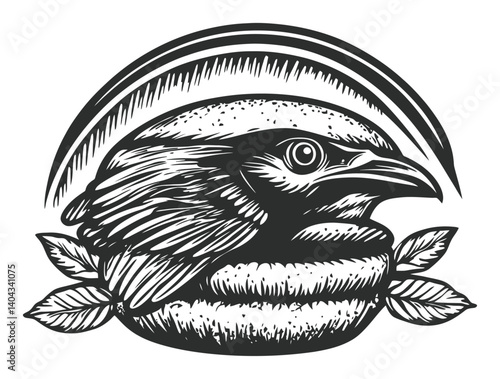 Detailed Engraving of Bird Surrounded by Leaves and Arched Lines