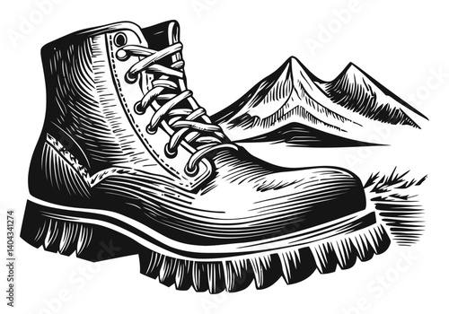 Vintage Engraving of a Hiking Boot with Mountain Landscape Background