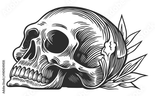 Intricate Engraving of a Skull Surrounded by Leaves and Flowers