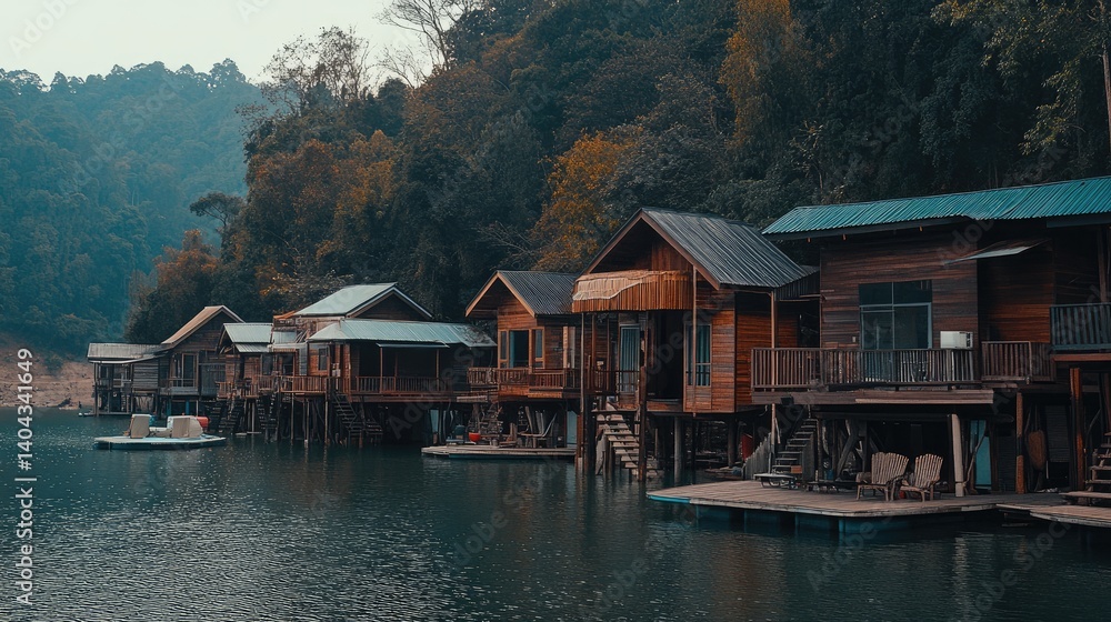 Fototapeta premium Wide-angle view of floating resort at Ratchaprapha Dam surrounded by forest