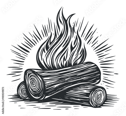 Engraving of Flames and Logs in a Simple Black and White Design
