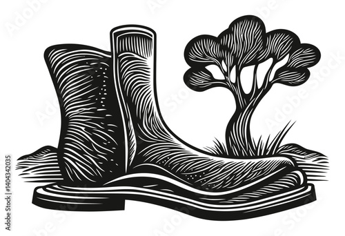 Engraving of Classic Boots Next to a Tree in Stylized Artwork
