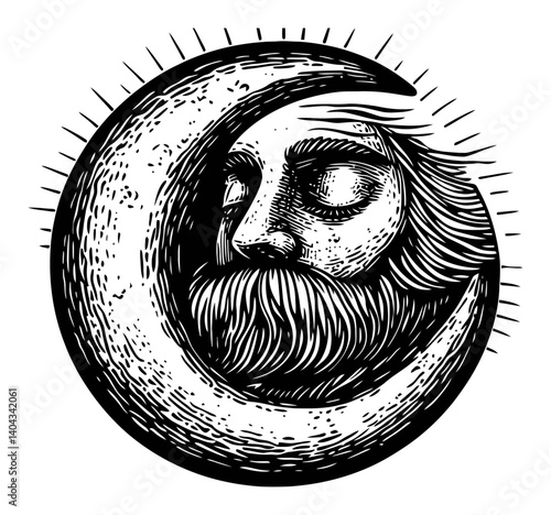 Detailed Engraving of Moon with Human Face and Beard Illustration
