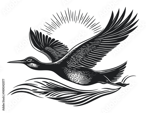 Elegant Bird Engraving with Wings Spread Under Radiant Sun