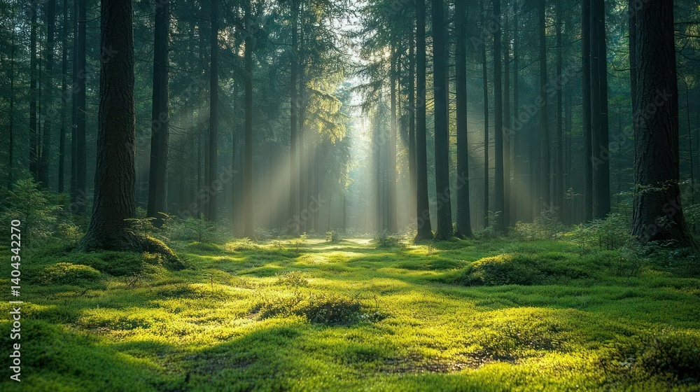 Fototapeta premium Sunlight streams through a misty forest. Lush greenery carpets the forest floor