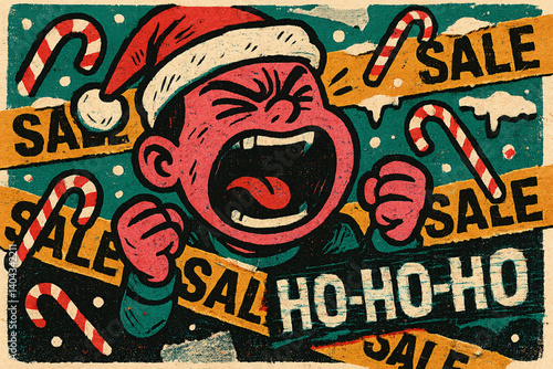 Screaming Kid Overwhelmed by Christmas Sales in Retro Comic Style