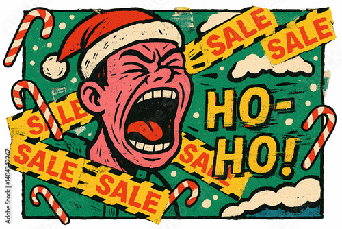 Screaming Kid Overwhelmed by Christmas Sales in Retro Comic Style