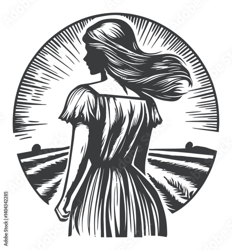 Engraving of a Woman in a Flowing Dress Staring at the Horizon