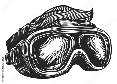 Vintage Engraving of Protective Goggles with Stylish Hair Design
