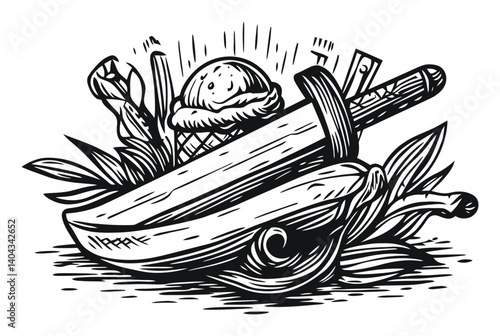 Intricate Engraving of a Sword with Tropical Elements and Ice Cream