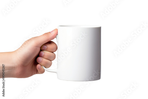 A plain white mug for mockup design. A hand holding the mug with a transparent background
