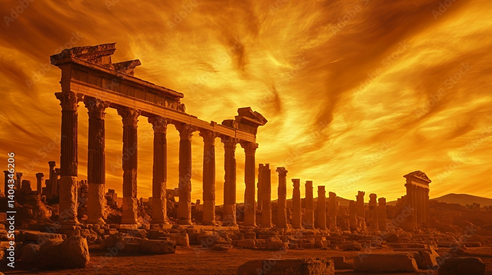 Fototapeta premium Ancient ruins bathed in a warm golden sunset hue.