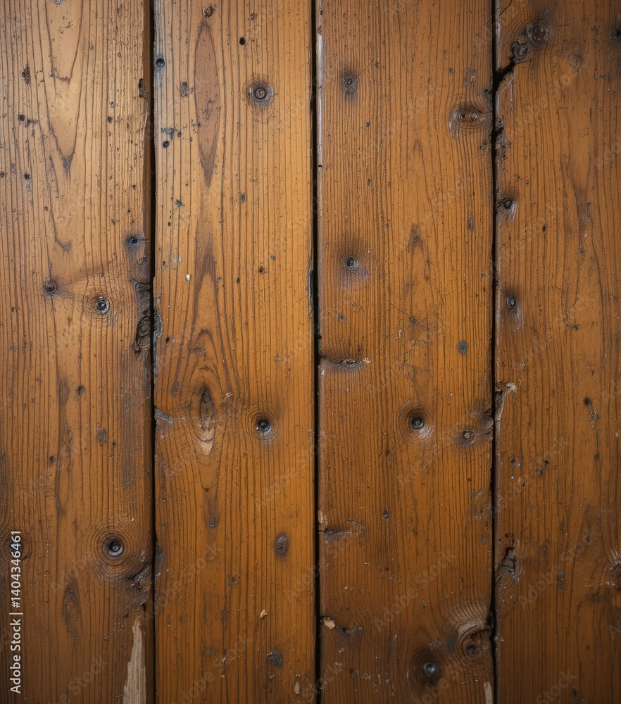 Fototapeta premium A rustic wooden wall showcases a weathered appearance, featuring layers of peeling paint in muted hues. Scratches and dents add character, revealing the wood's natural grain beneath.