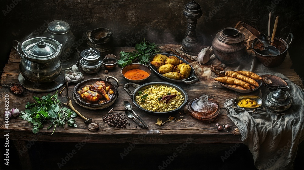 Fototapeta premium Indian Feast on Rustic Wooden Table