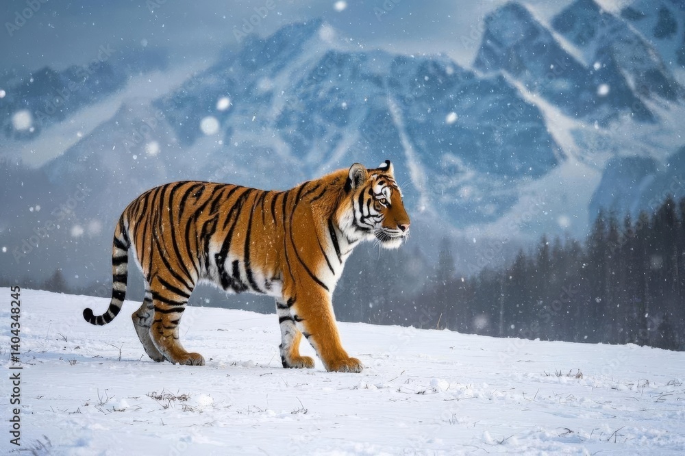 Obraz premium there is a tiger walking in the snow with mountains in the background