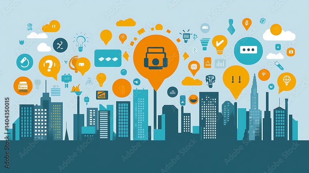 Obraz premium Smart City Concept: An illustration of a modern cityscape, symbolizing innovation, technology, and connectivity, with icons of communication and ideas overlaid against the urban skyline.