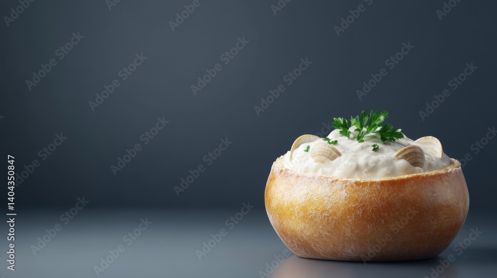 Creamy Soup in Edible Bread Bowl with Fresh Herbs Garnish Creamy Soup in Edible Bread Bowl with Fresh Herbs Garnish