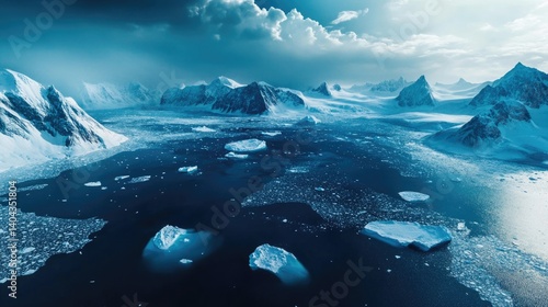 A surreal aerial view of an arctic landscape, massive glaciers floating in deep blue water, icy terrain, snow-covered mountains in the background
