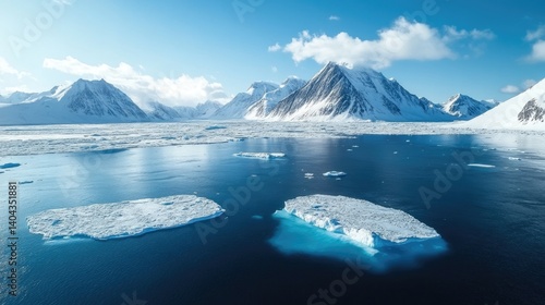 Wallpaper Mural A surreal aerial view of an arctic landscape, massive glaciers floating in deep blue water, icy terrain, snow-covered mountains in the background Torontodigital.ca