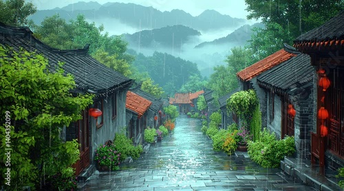 Wallpaper Mural Serene rainy street in a lush, mountainous village with traditional architecture and vibrant plants. Seamless looping 4k video background  Torontodigital.ca