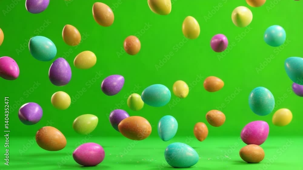 Easter Egg Shower: A whimsical burst of color and joy as vibrant Easter eggs, painted in a rainbow of hues, cascade down against a vibrant green backdrop.