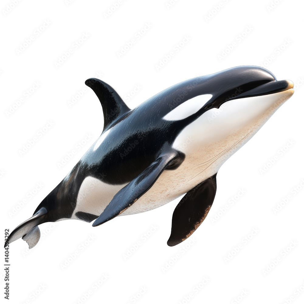 Stunning killer whale swimming gracefully through the ocean waters showcasing its unique distinctive features isolated on a white background. Stunning killer whale swimming gracefully through the ocean waters showcasing its unique distinctive features isolated on a white background.