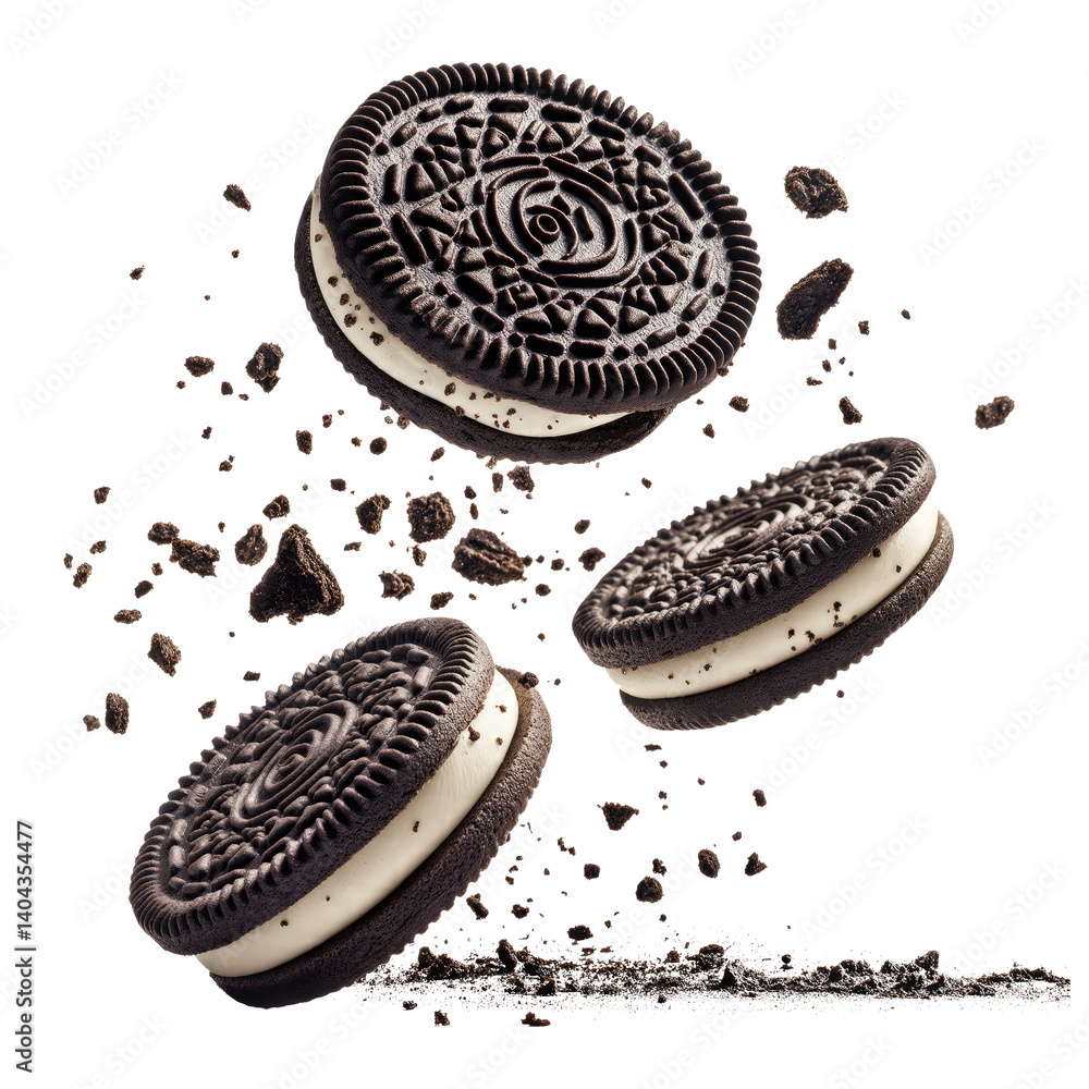 Fototapeta premium flying Oreo cookies with crumbs isolated on transparent white background, clipping path