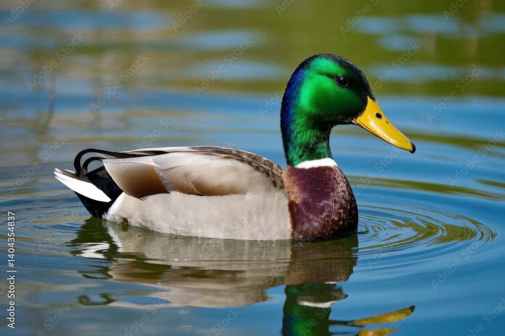 araffe swimming in a pond with a green head and yellow beak araffe swimming in a pond with a green head and yellow beak
