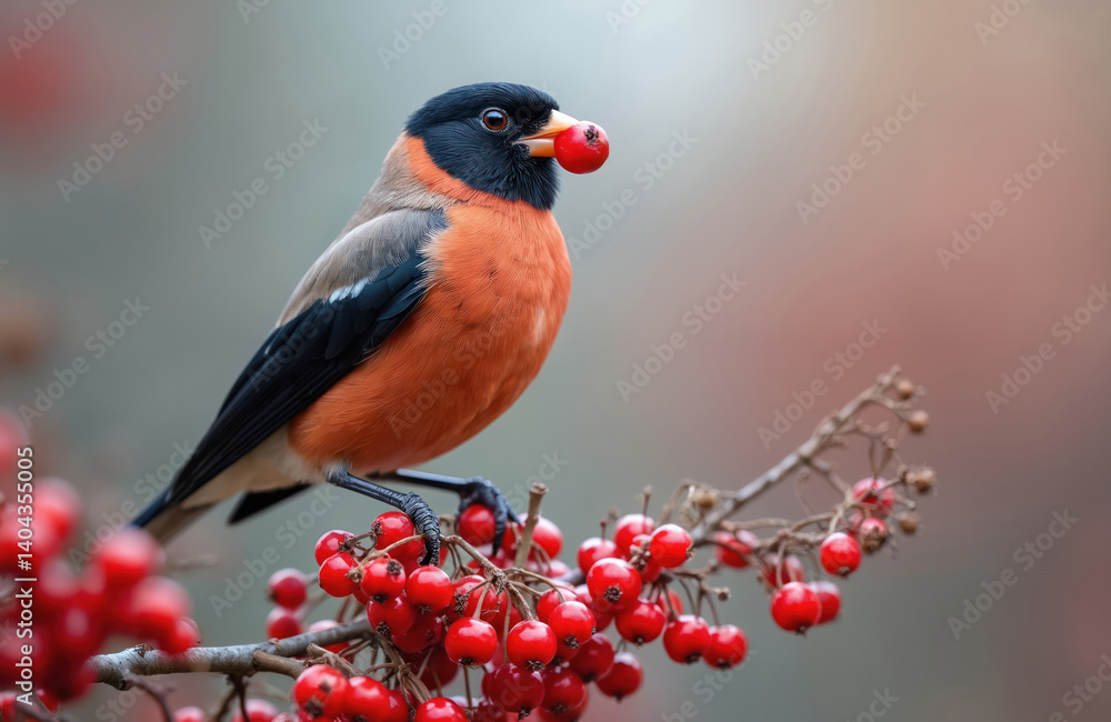 Fototapeta premium Bullfinch bird sits on a branch of red rowan berries. Bird holds rowan berry in its beak. Blurred background. Wildlife nature scene in winter. Fauna with red fruit.