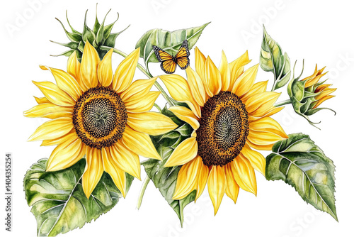Watercolor Illustration Of Yellow Sunflowers With Green Leaves On Isolated Background