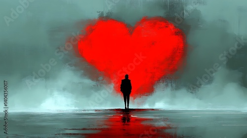 Echoes of Affection: A silhouette of a solitary figure stands before a vibrant heart. A visual poem of emotions and connection. 