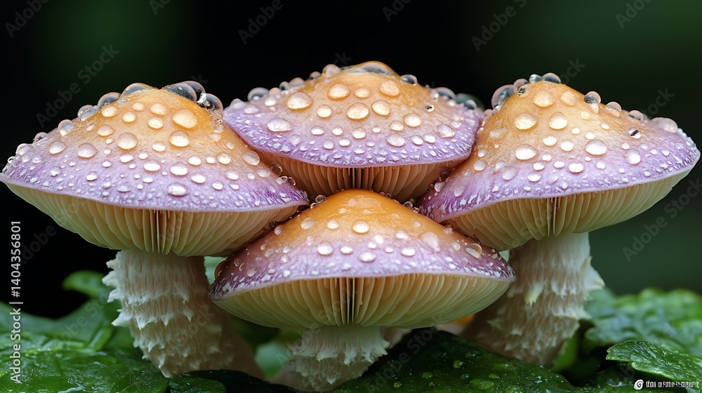 Obraz premium Cluster of orange-brown mushrooms with speckled caps growing among green foliage in a forest environment