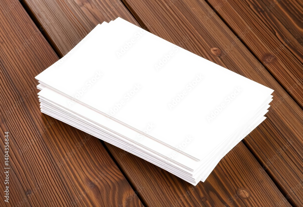 Fototapeta premium Neat stack of blank brochure paper sheets on rustic wooden surface, blank, stack