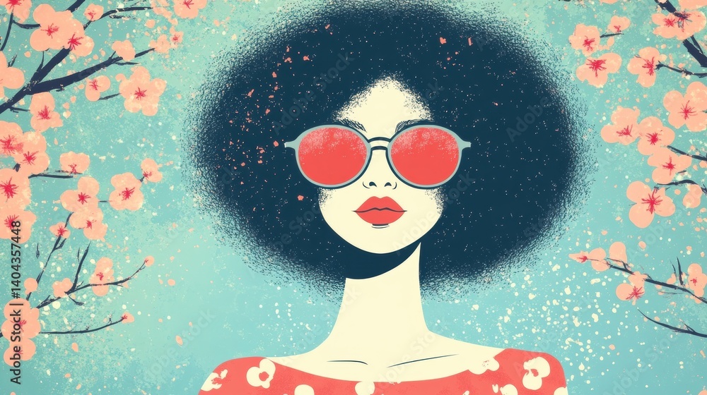 Fototapeta premium A confident woman with an afro hairstyle and large sunglasses stands amidst blooming cherry blossoms, showcasing a vibrant spring atmosphere