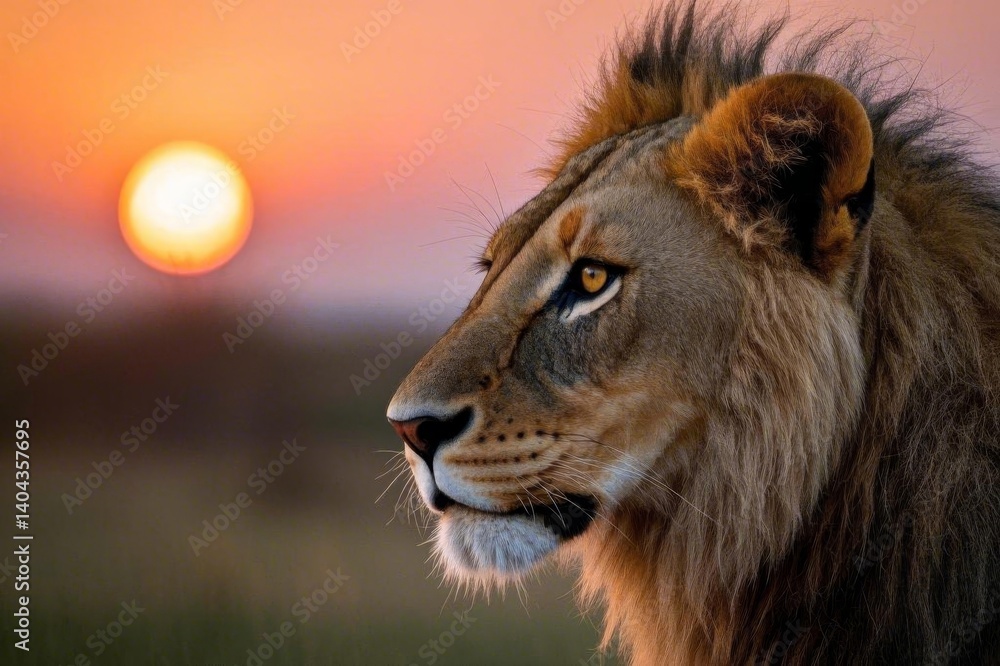 Fototapeta premium araffe looking at the sun setting in the distance with a lion in the foreground